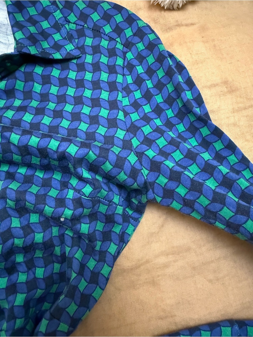 Boden cotton blend Blue & Green Geometric Shirt Dress with Tie Waist - Picture 6 of 10